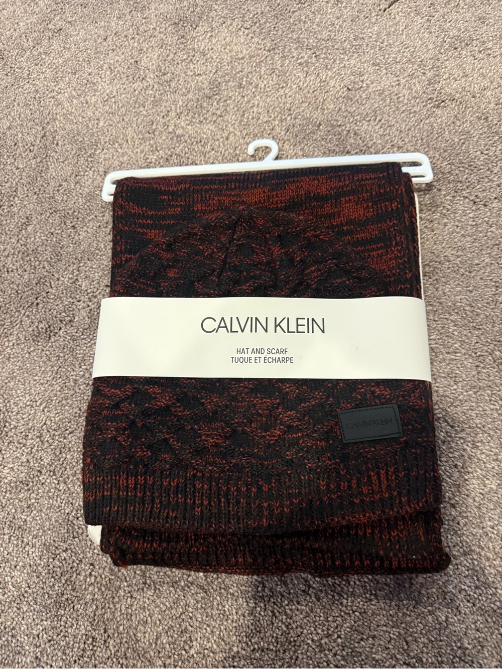 Calvin Klein Men's Marled Red and Black Knit Hat & Scarf Set
